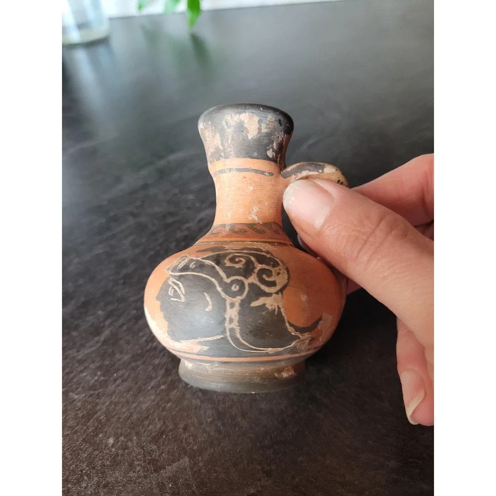 Vintage Greek Style Terracotta Miniature Jug Hand Painted‎ Helmeted Figure 3